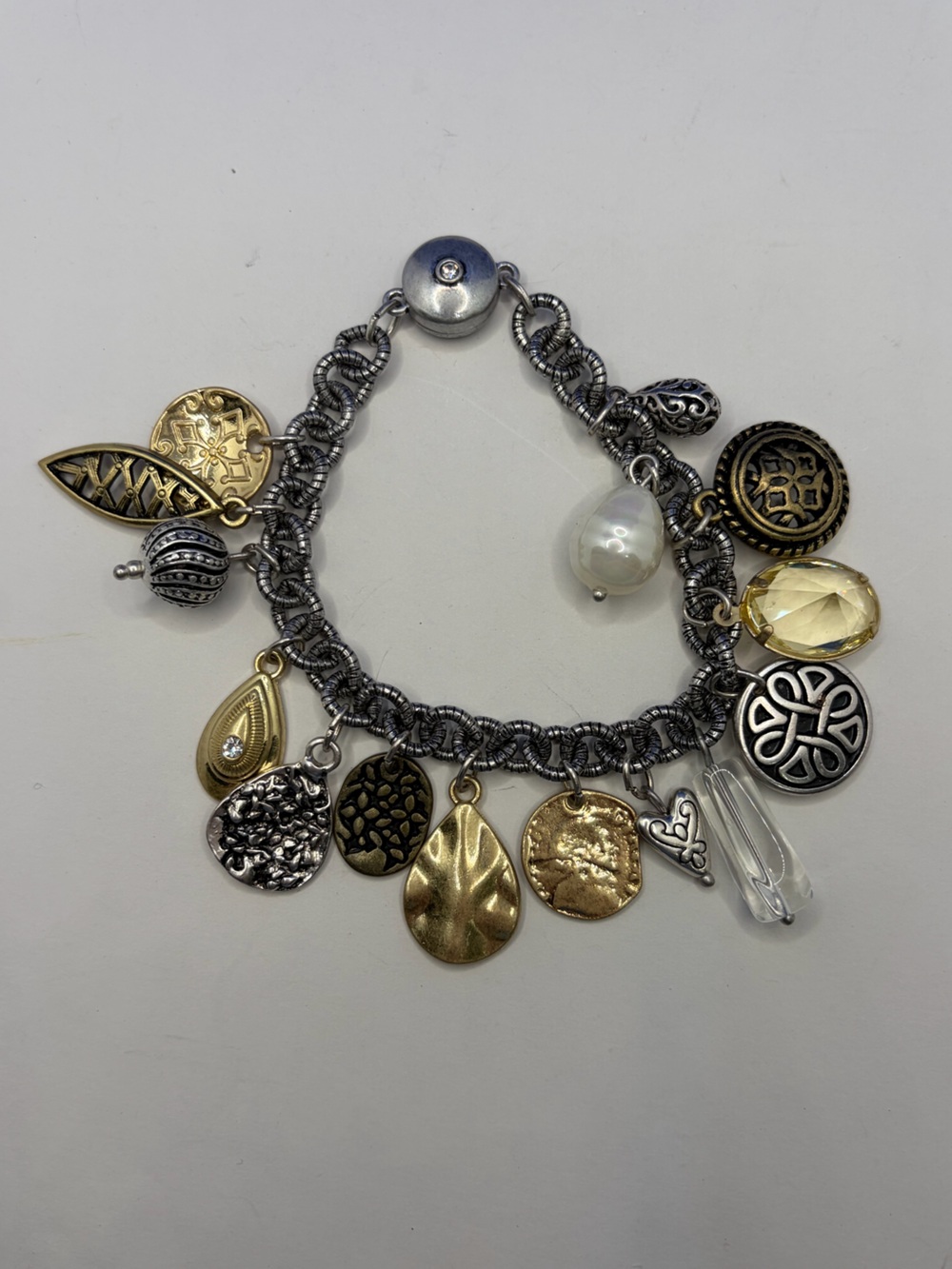 Mixed Metal Charm Bracelet Gold Silver Coin Pearl Crystal Boho